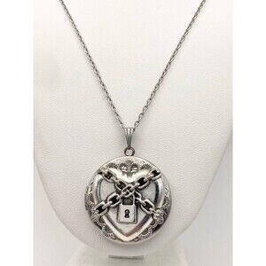 Silver tone heart locket pendant necklace